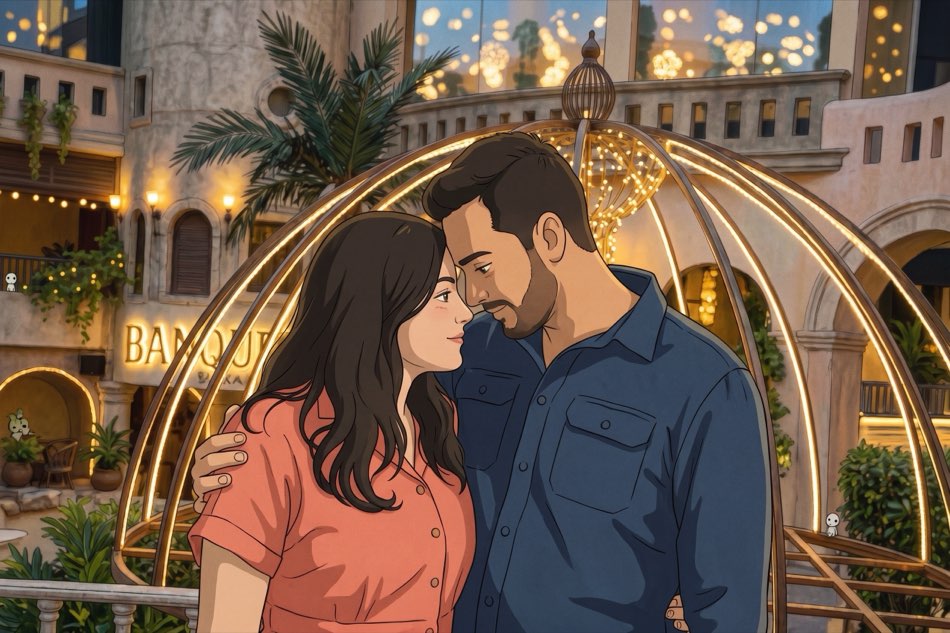 Ghibli-style artwork of Meghna and Amarnath under the dome lights